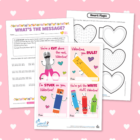 three Valentine's Day printables on a light pink heart-print background