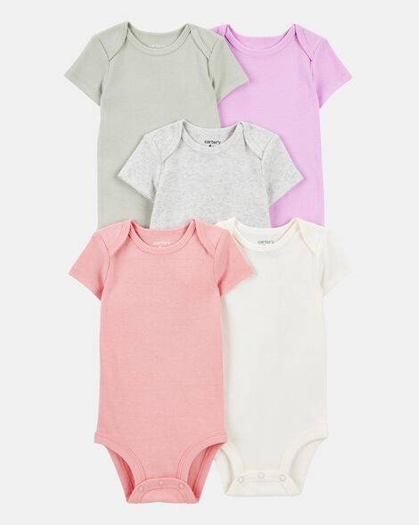 Image of Baby Girl 5-Pack Solid Short-Sleeve Cotton Bodysuits
