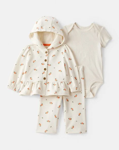 Image of Baby Girl 3-Piece Floral French Terry Long-Sleeve Bodysuit & Pant Set - Ivory