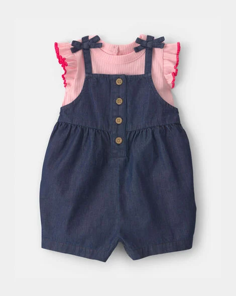 Image of Baby Girl 2-Piece Chambray Romper Set - Pink/Blue