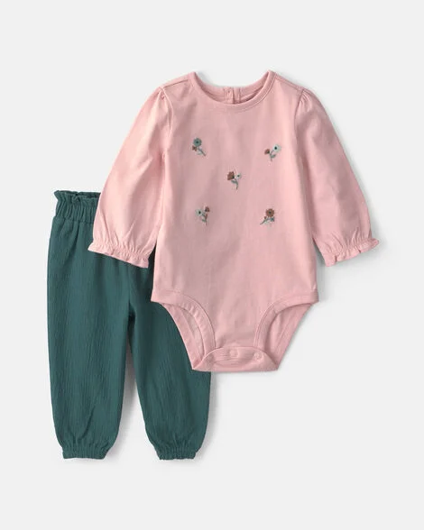 Image of Baby Girl 2-Piece Floral Long-Sleeve Bodysuit & Pant Set - Pink/Green