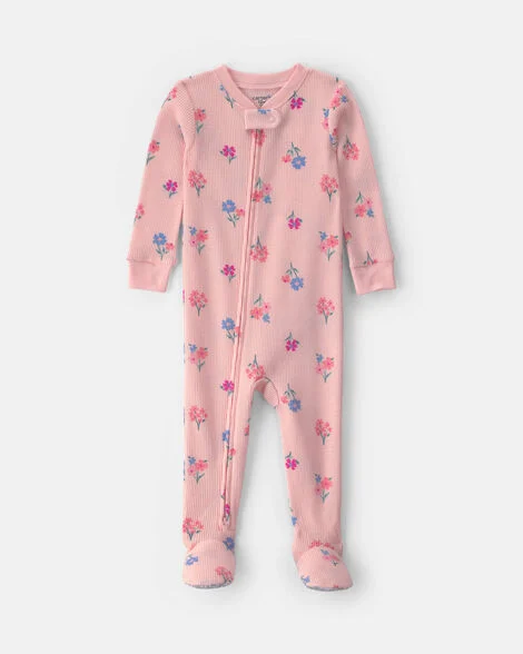 Image of Baby Girl 1-Piece Floral Thermal Snug Fit Footed Pajama - Pink