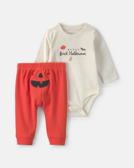 Image of Baby 2-Piece 'Baby's First Halloween' Long-Sleeve Bodysuit & Pant Set - Orange/Cream