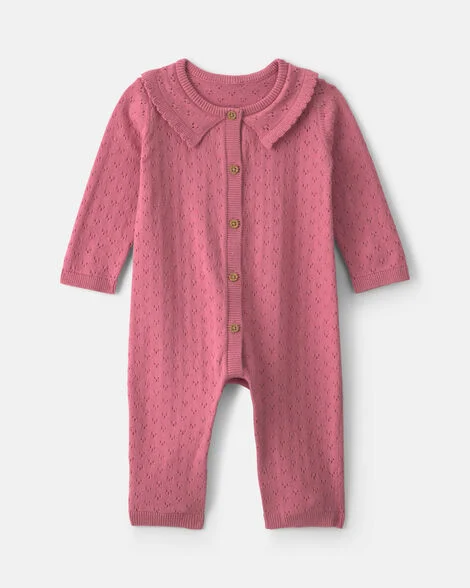 Image of Baby Girl Pointelle Long-Sleeve Jumpsuit - Pink