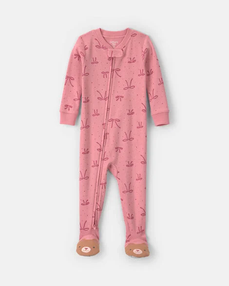 Image of Baby Girl 1-Piece Bows 2-Way Zip 100% Cotton Snug Fit Footed Pajama - Pink
