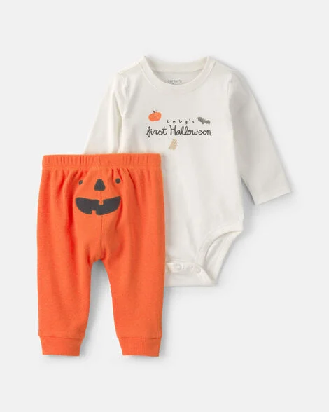 Image of Baby 2-Piece 'Baby's First Halloween' Long-Sleeve Bodysuit & Pant Set - Orange/Cream