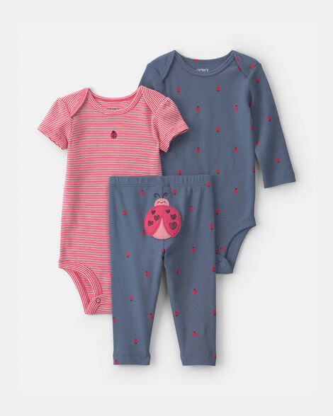Image of Baby Girl 3-Piece Ladybug Bodysuit & Pant Set - Navy Blue/Red