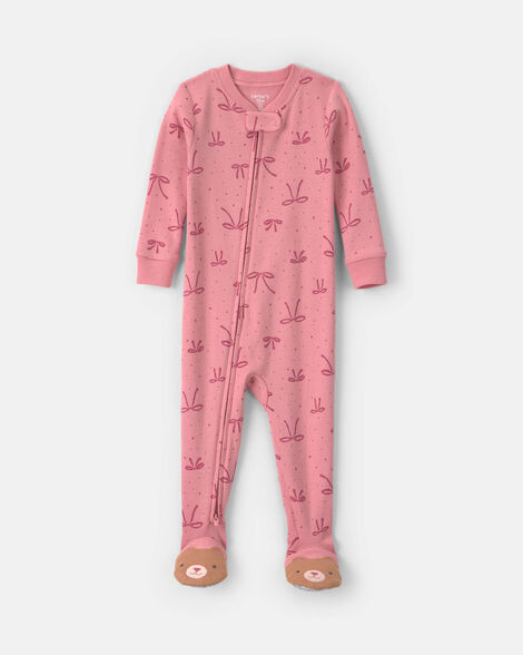 Image of Baby Girl 1-Piece Bows 2-Way Zip 100% Cotton Snug Fit Footed Pajama - Pink