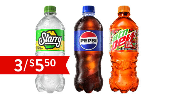 3/$5.50 Pepsi, Mtn Dew and Starry 20oz beverages