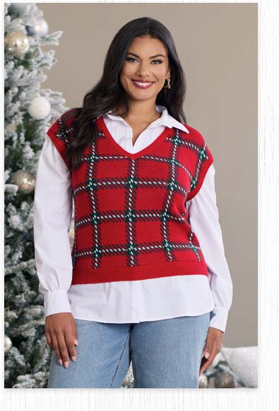 Shop Plaid Twofer Sweater