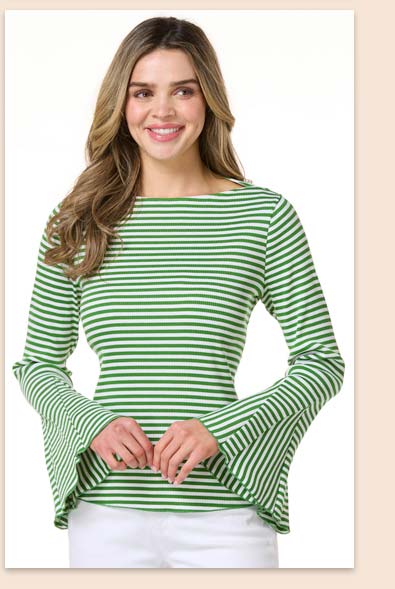 Shop Green Striped Bell Sleeve Top