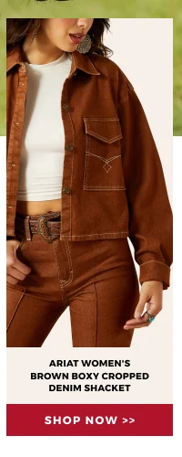 ARIAT WOMEN'S BROWN BOXY CROPPED DENIM SHACKET | SHOP NOW >>