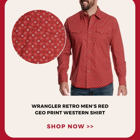WRANGLER RETRO MEN'S RED GEO PRINT WESTERN SHIRT | SHOP NOW >>