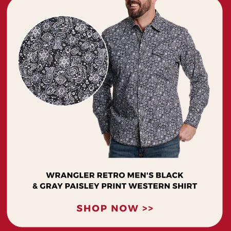 WRANGLER RETRO MEN'S BLACK & GRAY PAISLEY PRINT WESTERN SHIRT | SHOP NOW >>
