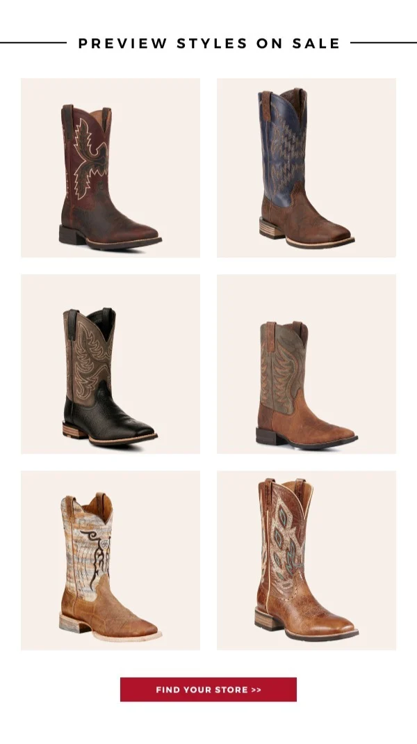 MY CAVENDER'S MEMBER-EXCLUSIVE IN-STORE OFFER | BOOT EVENT $50 OFF SELECT MEN'S ARIAT BOOTS | FIND A STORE >>