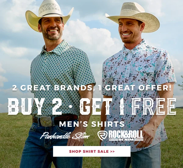 2 GREAT BRANDS, 1 GREAT OFFER MEN'S SHIRTS PANHANDLE SLIM & ROCK & ROLL DENIM | SHOP SHIRT SALE >>