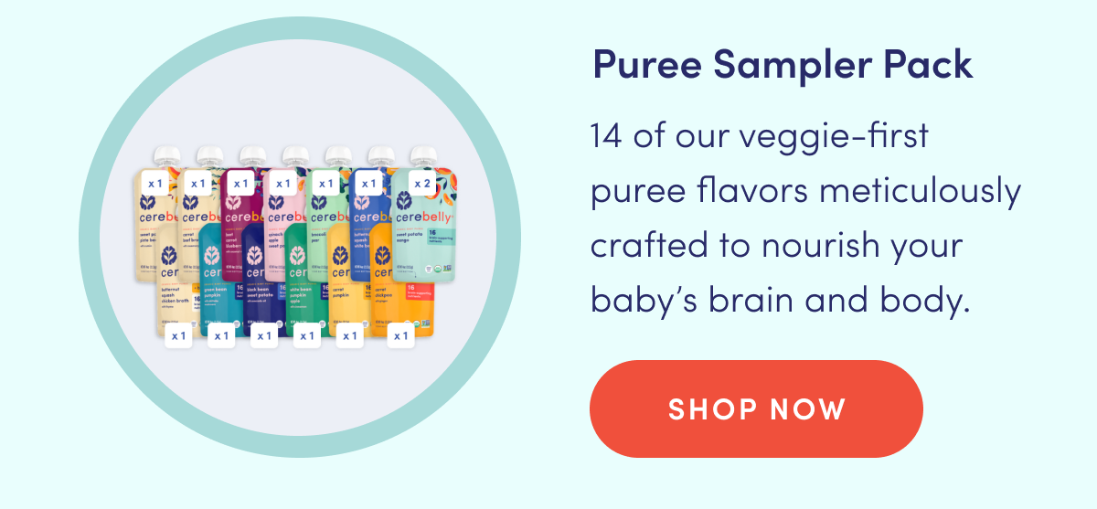 Puree Sampler Pack | 14 of our veggie-first puree flavors meticulously crafted to nourish your baby's brain and body. | SHOP NOW