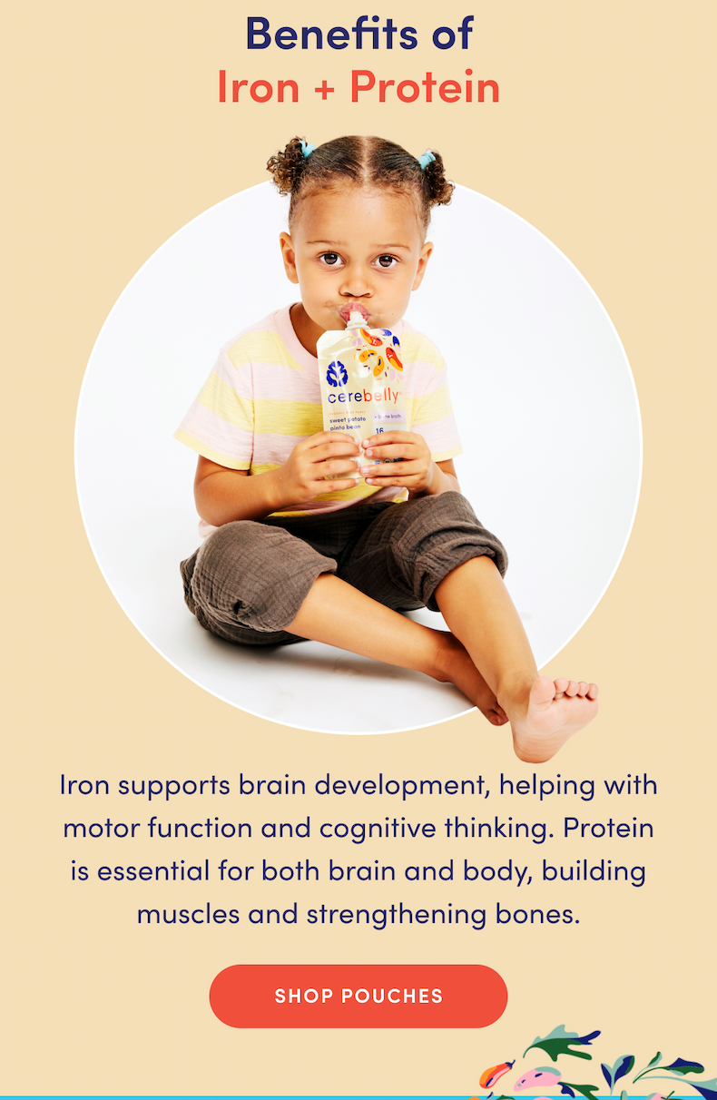 Benefits of Iron + Protein | Iron is in charge of the brain, helping with motor function and cognitive thinking. Protein focuses on the body, building muscles and strengthening bones. | SHOP POUCHES