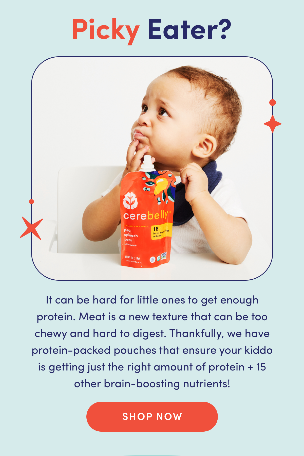 Picky Eater? | It can be hard for little ones to get enough protein. Meat is a new texture that can be too chewy and hard to digest. Thankfully, we have protein-packed pouches that ensure your kiddo is getting just the right amount of protein + 15 other brain-boosting nutrients! | SHOP NOW
