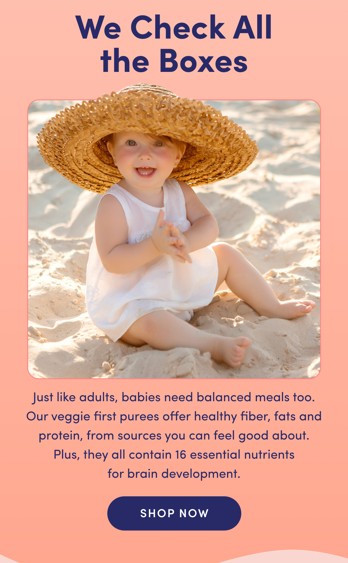 We Check All the Boxes | Just like adults, babies need balanced meals too. Our veggie first purees offer healthy fiber, fats, and protein, from sources you can feel good about. Plus, they all contain 16 essential nutrients for brain development. | SHOP NOW