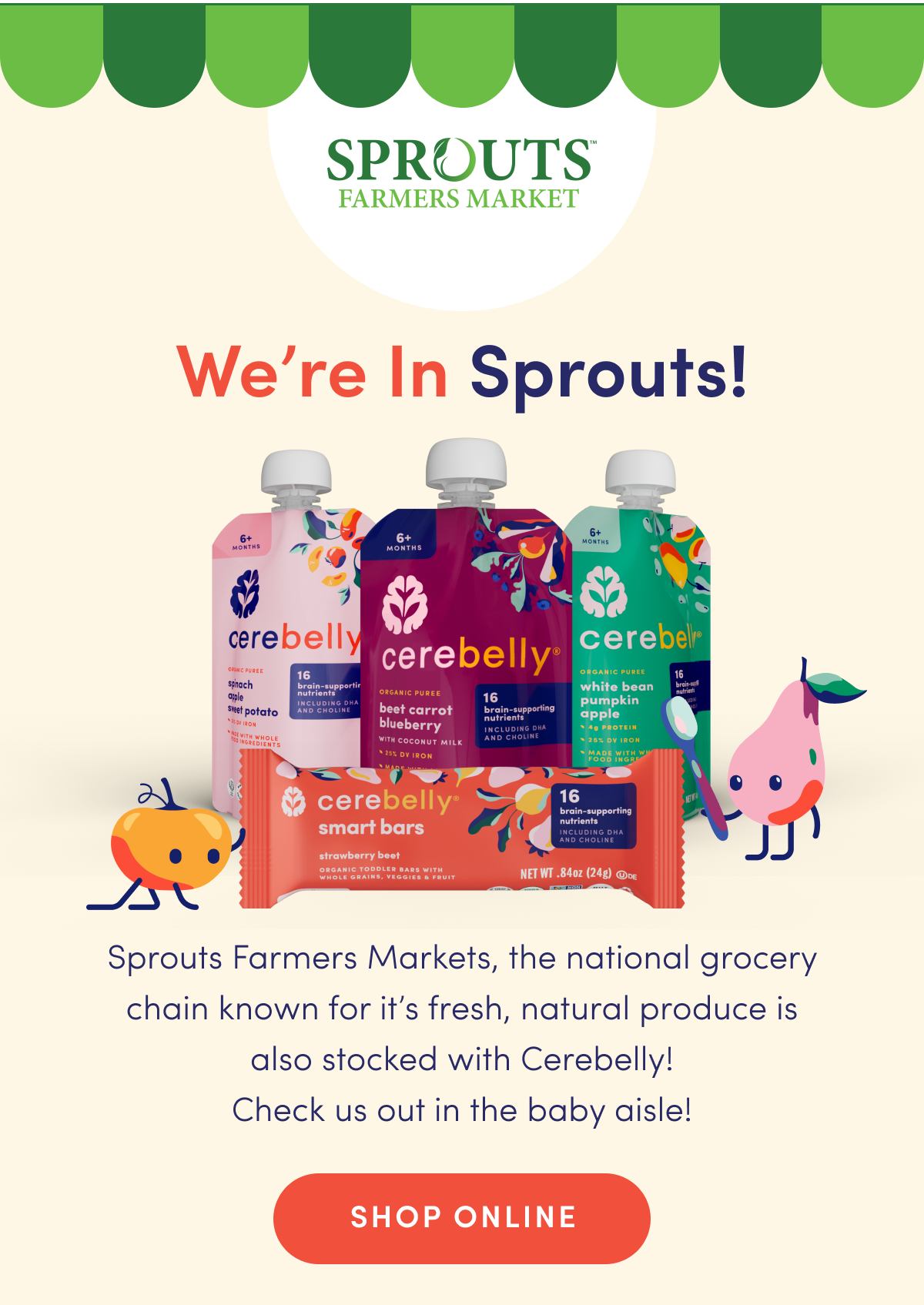 We're In Sprouts! | Sprouts Farmers Markets, the national grocery chain known for it's fresh, natural produce is also stocked with Cerebelly! Check us out in the baby aisle! | SHOP ONLINE