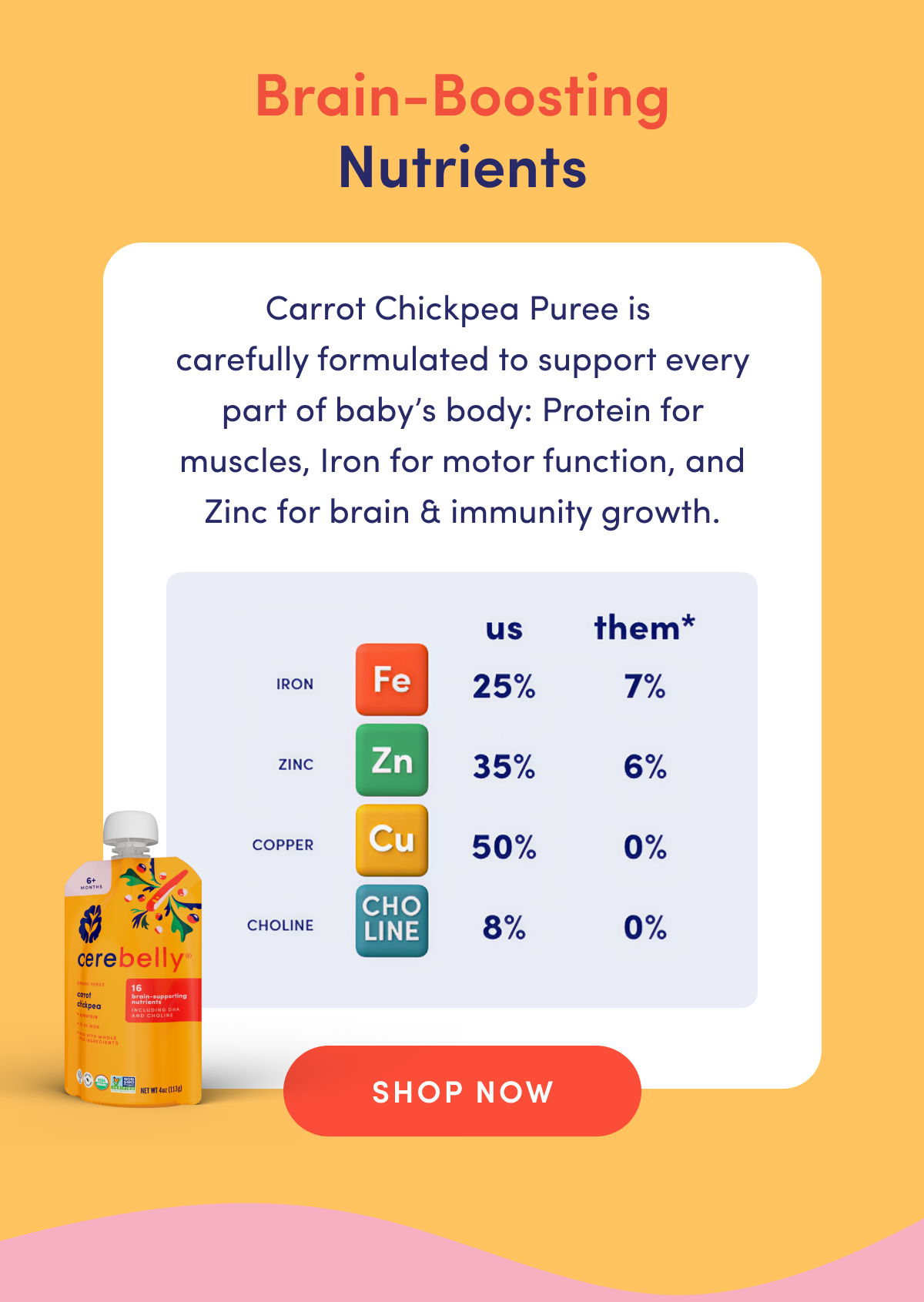 Brain-Boosting Nutrients | Carrot Chickpea Puree is carefully formulated to support every part of baby's body: Protein for muscles, Iron for motor function, and Zinc for brain & immunity growth. | SHOP NOW