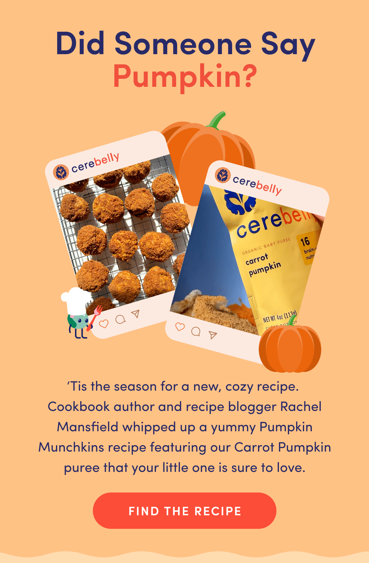 Did Someone Say Pumpkin? | 'Tis the season for a new, cozy recipe. Cookbook author and recipe blogger Rachel Mansfield whipped up a yummy Pumpkin Munchkins recipe featuring our Carrot Pumpkin puree that your little one is sure to love. | FIND THE RECIPE