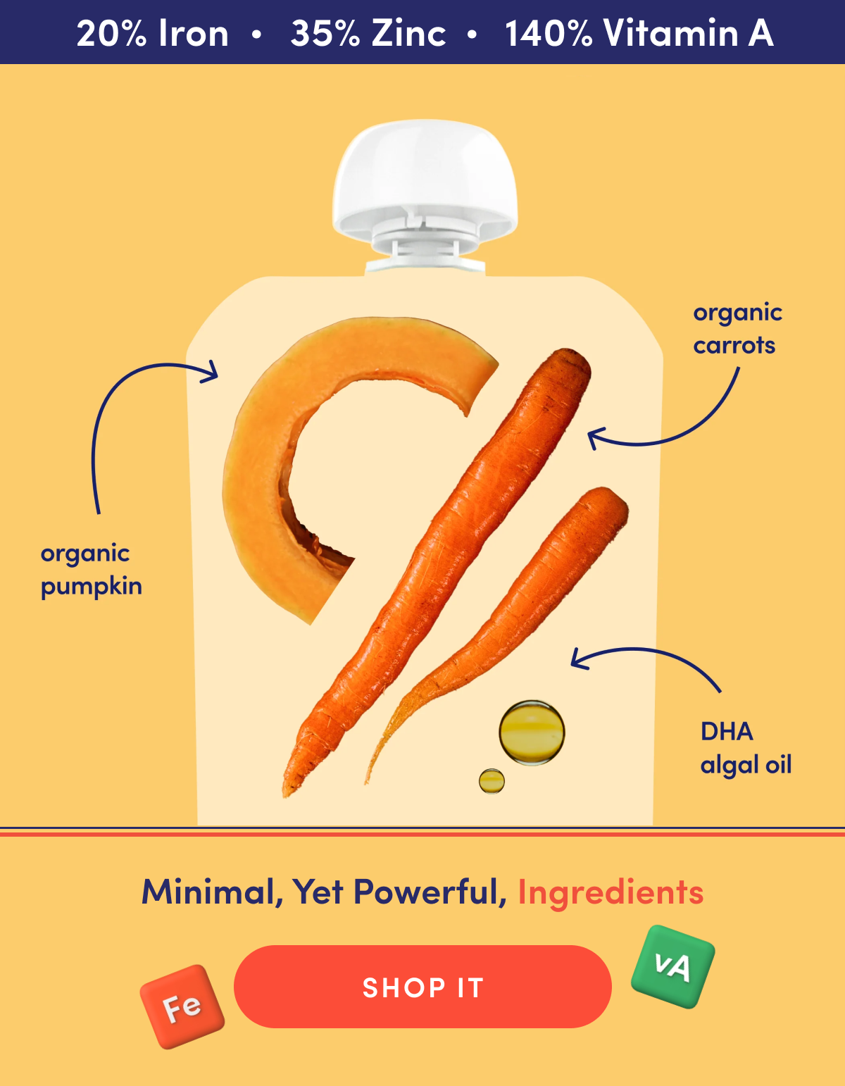20% Iron. 35% Zinc. 140% Vitamin A | Organica Pumpkin. Organic Carrots. DHA Algal Oil. | Minimal, Yet Powerful, Ingredients. | SHOP IT