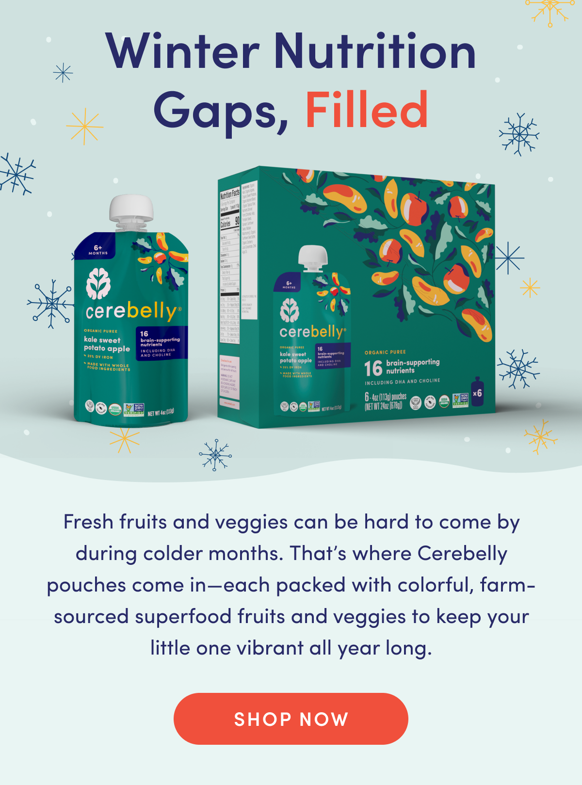 Winter Nutrition Gaps, Filled | Fresh fruits and veggies can be hard to come by during colder months. That's where Cerebelly pouches come in–each packed with colorful, farm-sourced superfood fruits and veggies to keep your little one vibrant all year long. | SHOP NOW