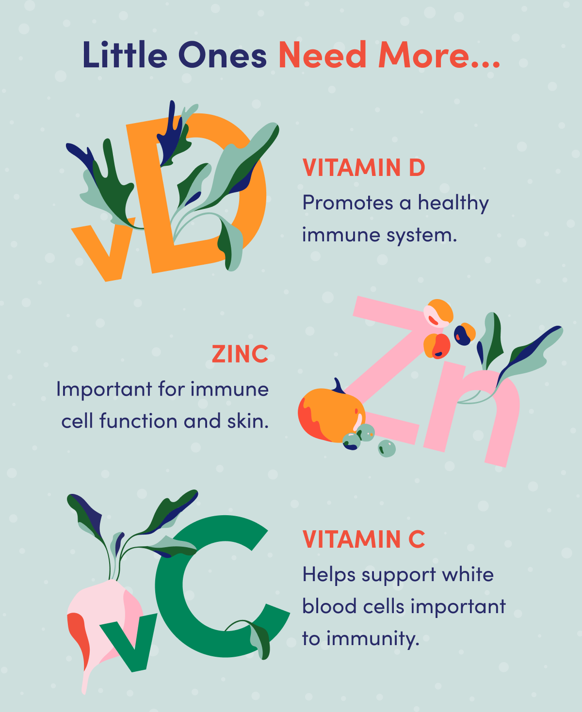 Little Ones Need More... | Vitamin D: Promotes a healthy immune system. Zinc: Important for immune cell function and skin. Vitamin C: Helps support white blood cells important to immunity.