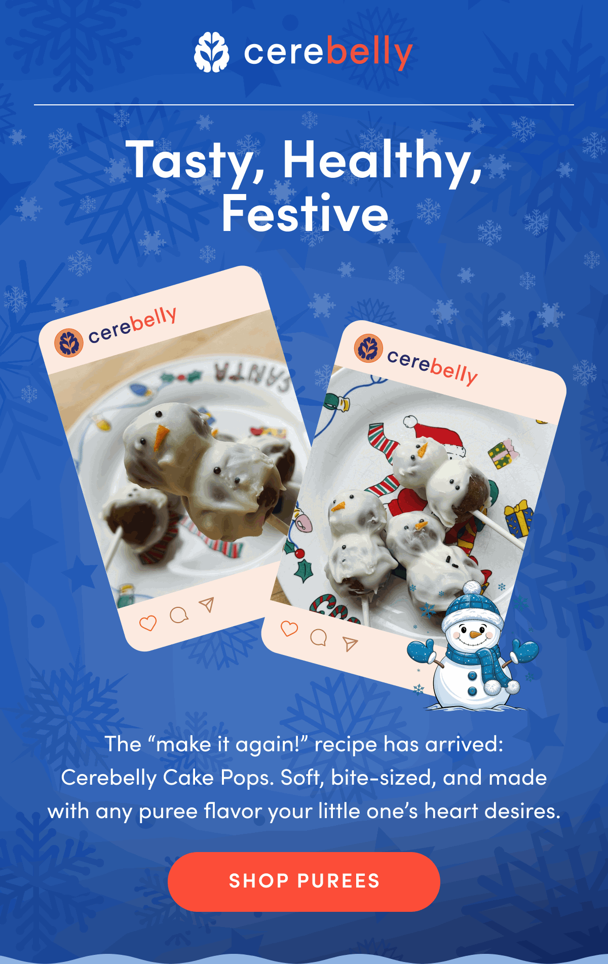 Cerebelly | Tasty, Healthy, Festive | The "make it again!" recipe has arrived: Cerebelly Cake Pops. Soft, bite-sized, and made with any puree flavor your little one's heart desires. | SHOP PUREES