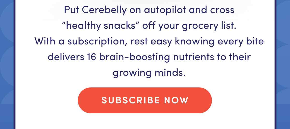 Put Cerebelly on autopilot and cross "healthy snacks" off your grocery list. With a subscription, every bite delivers 16 brain-boosting nutrients to their growing minds. | SUBSCRIBE NOW
