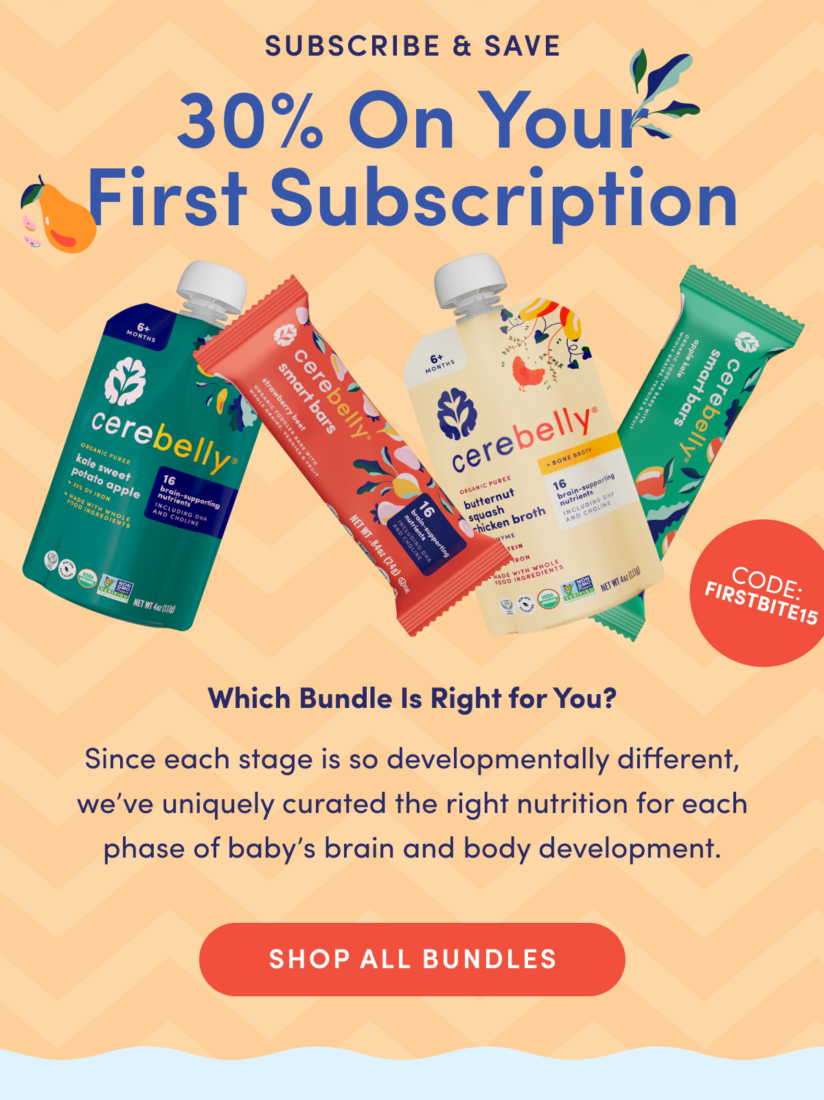 Subscribe & Save 30% On Your First Subscription | Which Bundle Is Right for You? Since each stage is so developmentally different, we've uniquely curated the right nutrition for each phase of baby's brain and body development. | SHOP ALL BUNDLES | CODE: FIRSTBITE15