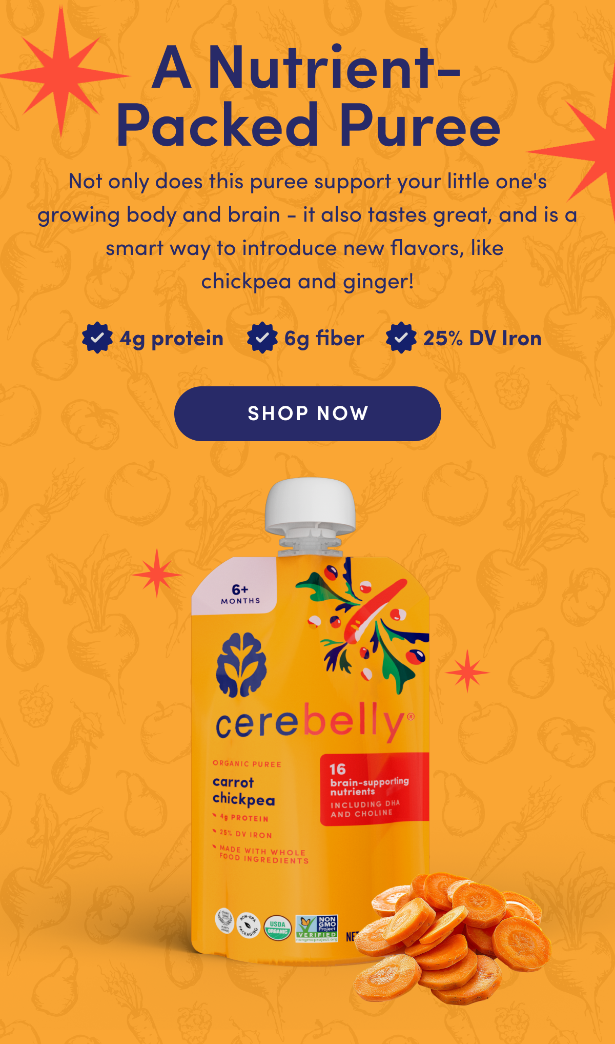 A Nutrient-Packed Puree | Not only does this puree support your little one's growing body and brain - it also tastes great, and is a smart way to introduce new flavors, like chickpea and ginger! 4g protein 6g fiber 25% DV Iron | SHOP NOW