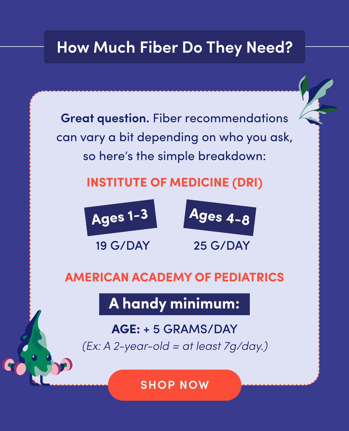 How Much Fiber Do They Need? | Great question. Fiber recommendations can vary a bit depending on who you ask, so here's the simple breakdown: Institute of Medicine (DRI): Ages 1-3 = 19g/day. Ages 4-8 = 25g/day. American Academy of Pediatrics: Age + 5 g/day | SHOP NOW