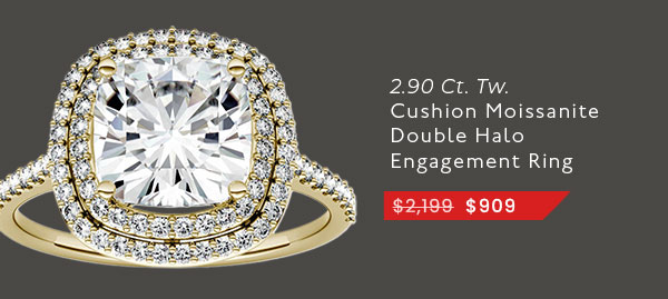2.90 CTW DEW Cushion Moissanite Double Halo Engagement Ring In 14K Yellow Gold