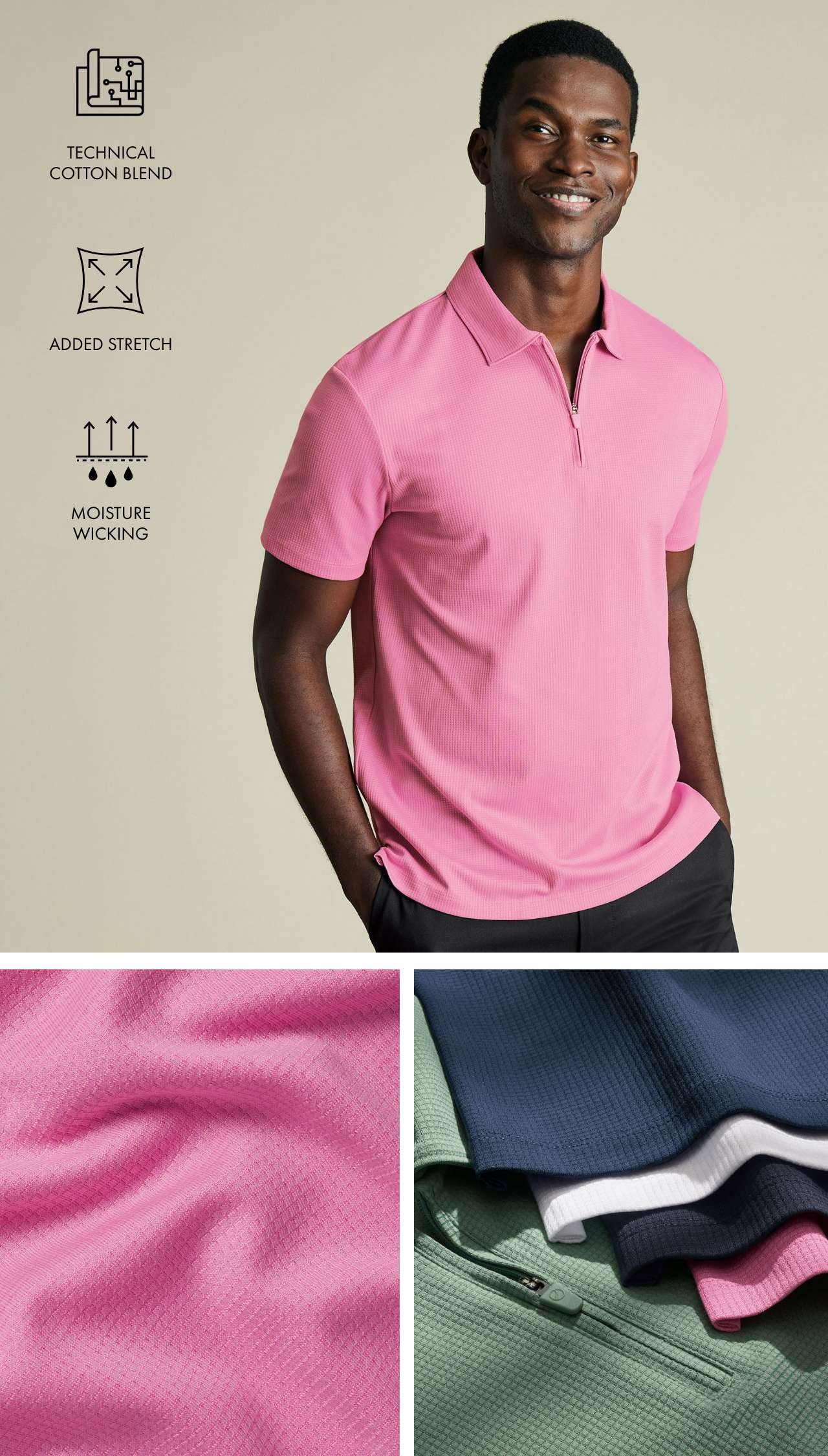 Performance Textured Zip-Neck Polo - Pink