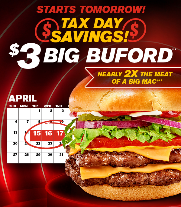 Tomorrow only! $3 Big Buford! Add to calendar!