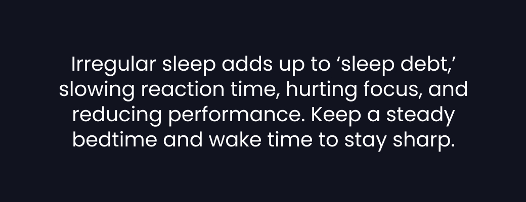 Irregular sleep adds up to 'sleep debt,' slowing reaction time, hurting focus, and reducing performance. Keep a steady bedtime and wake time to stay sharp.