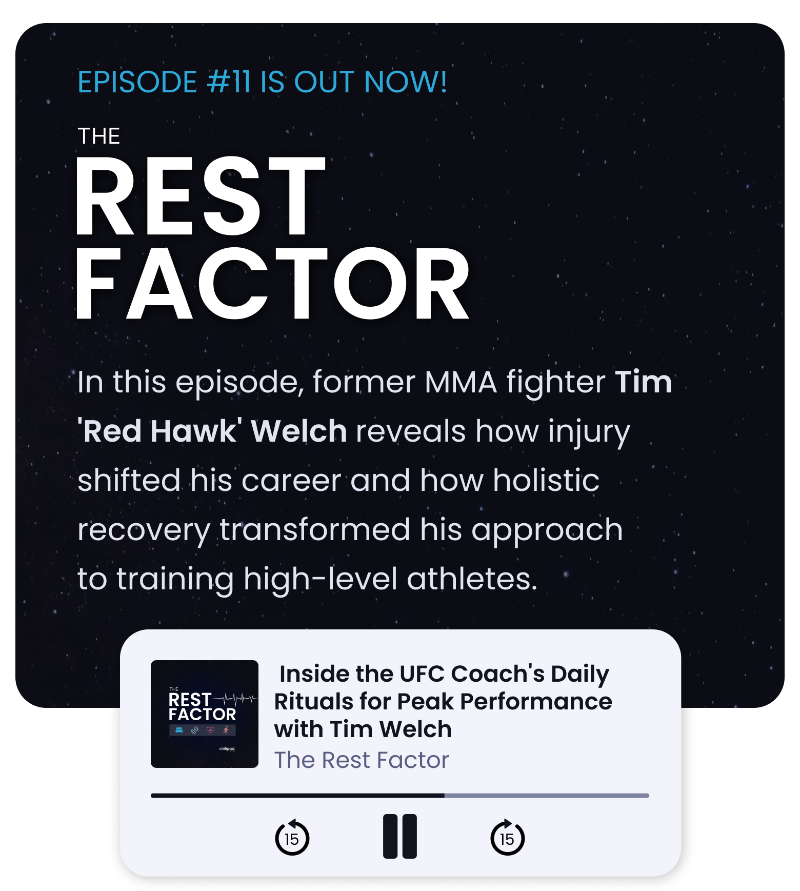 EPISODE #11 IS OUT NOW! THE REST FACTOR: In this episode, former MMA fighter, Tim 'Red Hawk' Welch reveals how injury shifted his career and how holistic recovery transformed his approach to training high-level athletes. - LISTEN TO THE PODCAST