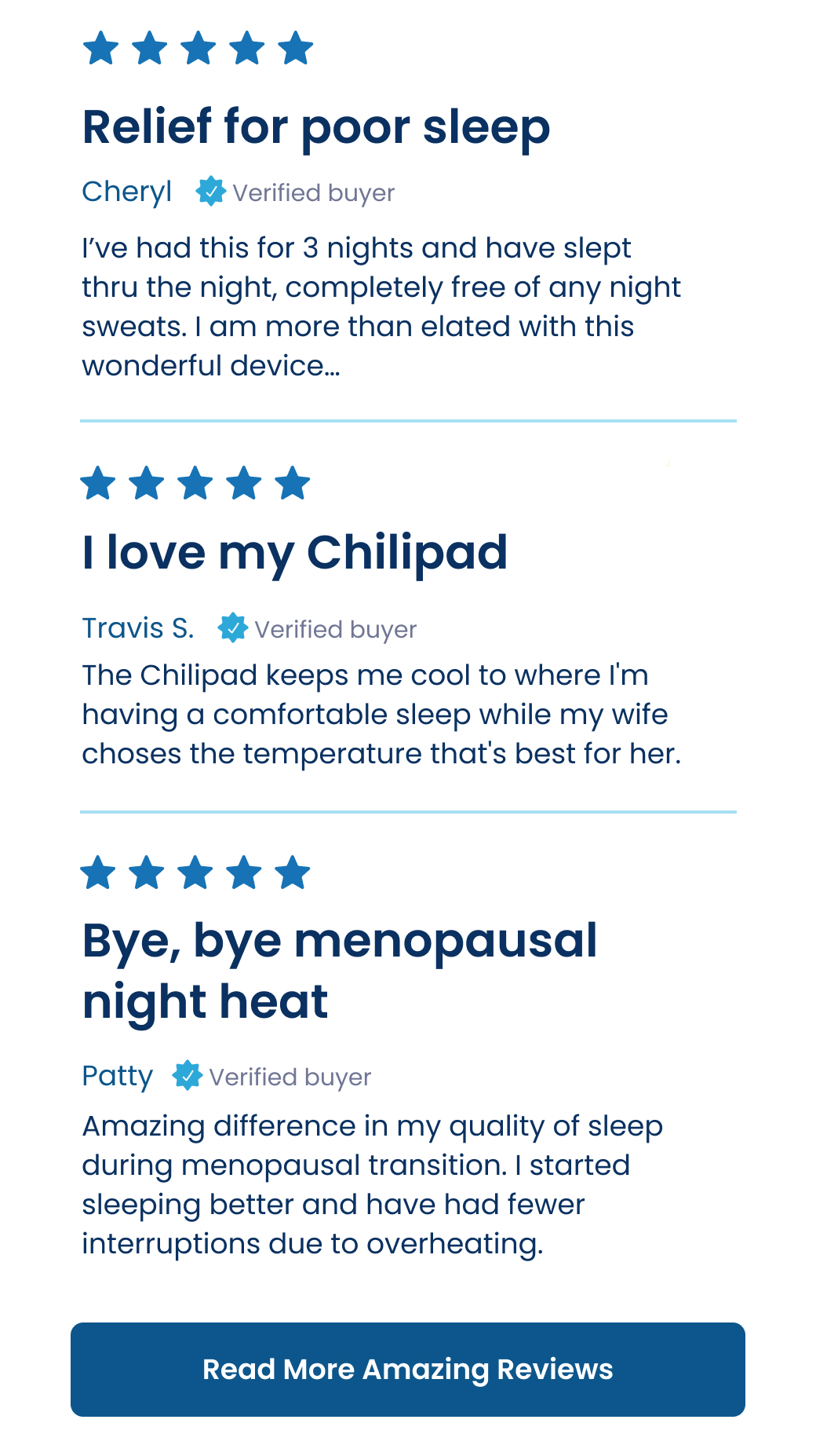 Reliefe for poor sleep: "I've had this for 3 nights and have slept thru the night, completely free of any night sweats. I am more than elated with this wonderful device..." - Cherly, Verified Buyer - READ MORE AMAZING REVIEWS