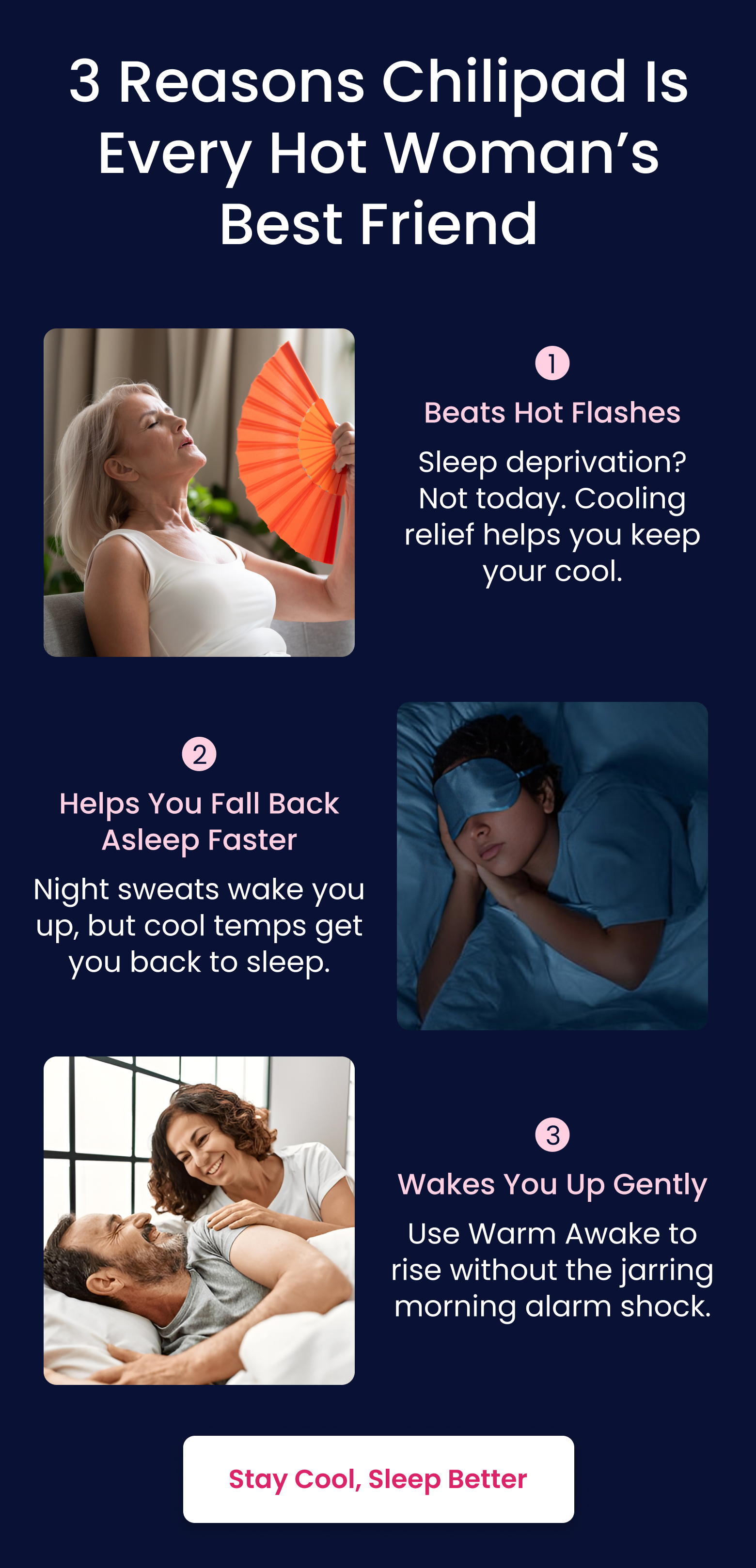 3 Reasons Chilipad Is Every Hot Woman's Best Friend | 1. Beats Hot Flashes 2. Helps You Fall Back Asleep Faster 3. Wakes You Up Gently - SHOP COOL SLEEP