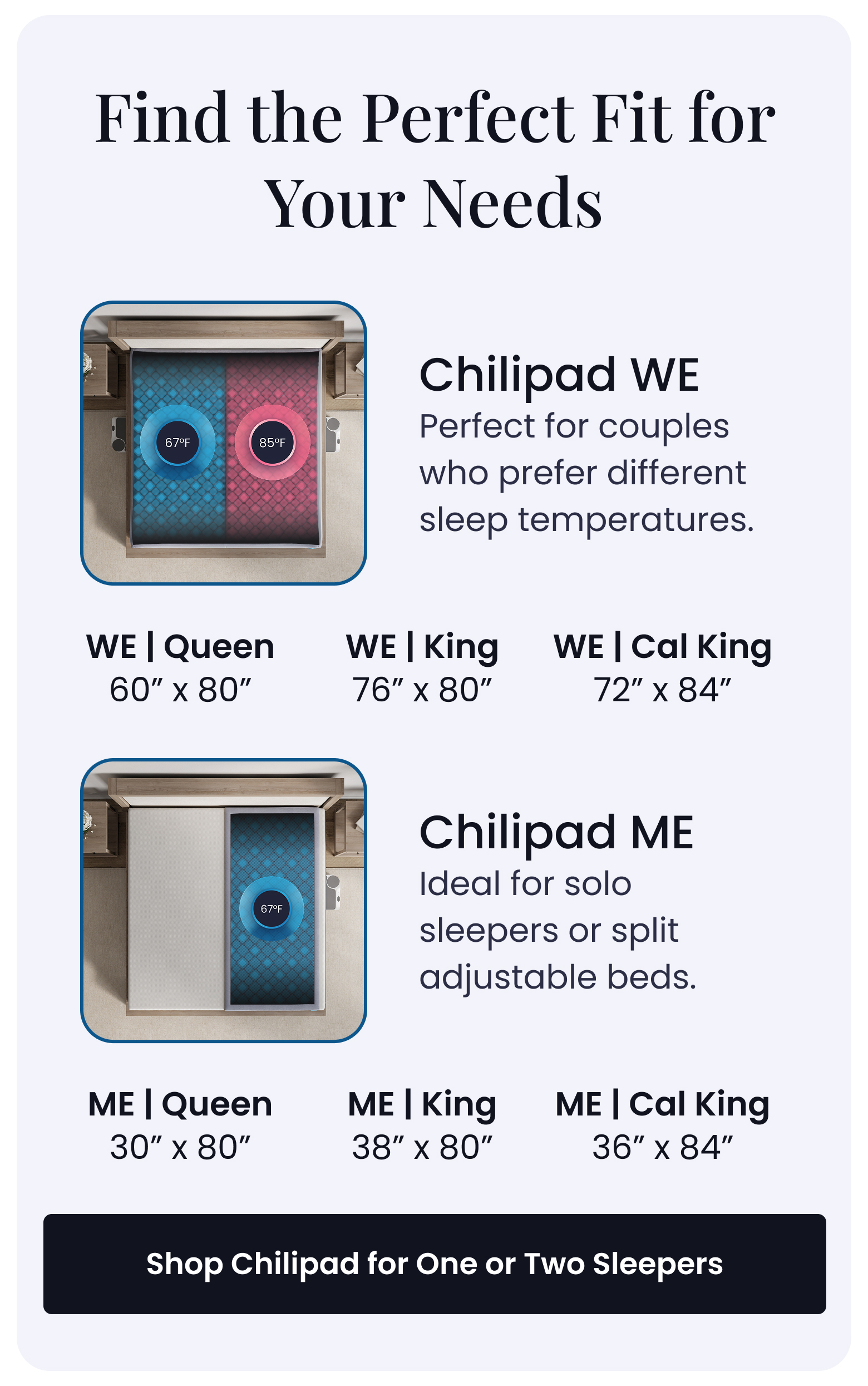 Find the Perfect Fit For Your Needs: Chilipad WE - Perfect for couples who prefer different sleep temperatures. Chilipad ME - Perfect for solo sleepers or split adjustable beds. - SHOP CHILIPAD ME OR WE