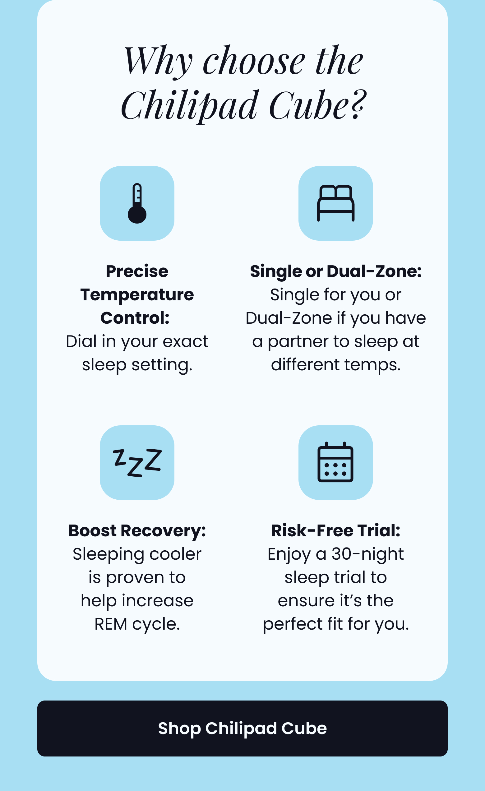 Why choose the Chilipad Cube? - Precise Temperature Control - Single or Dual-Zone - Boost Recovery - Risk-Free Trial -- SHOP CHILIPAD CUBE
