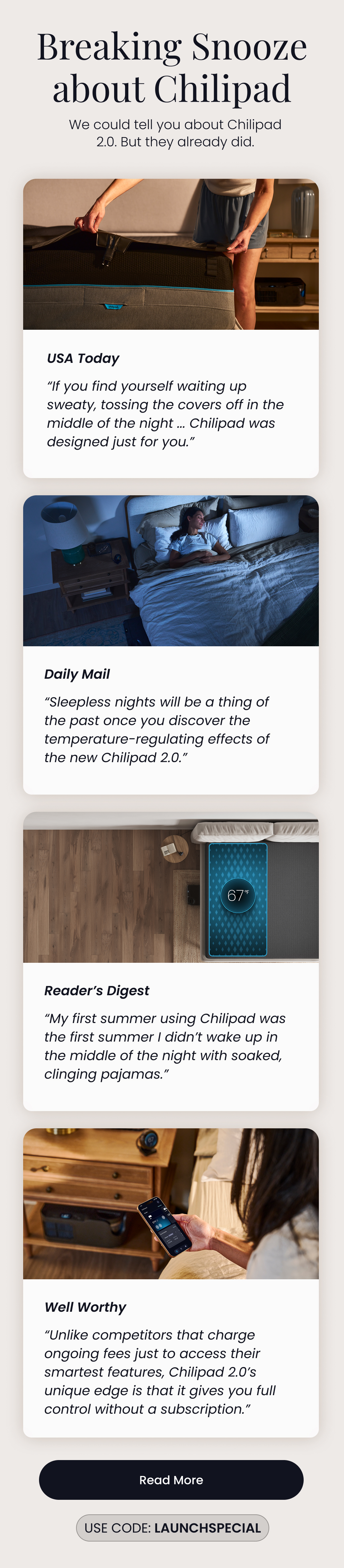 Breaking Snooze About Chilipad | We could tell you about Chilipad 2.0, but they already did. "If you find yourself waiting up sweaty, tossing the covers off in the middle of the night ...&nbsp;Chilipad&nbsp;was designed just for you." - USA Today - READ MORE