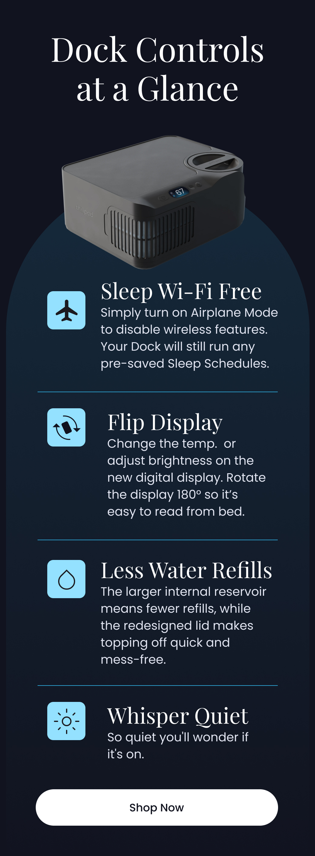 Dock Controls At A Glance | Sleep Wi-Fi Free, Flip Display, Less Water Refills, Whisper Quiet - SHOP NOW