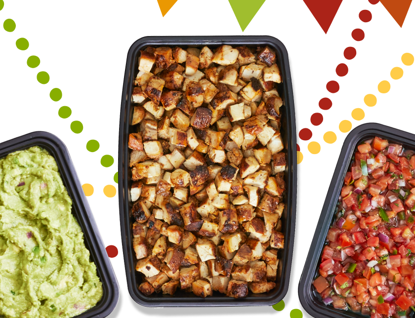 tray of guac, chicken and mild salsa