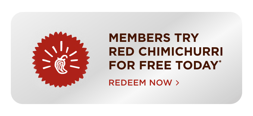 Red circular Chipotle Rewards badge next to bold text: ‘Members try Red Chimichurri for free today.* Redeem Now.
