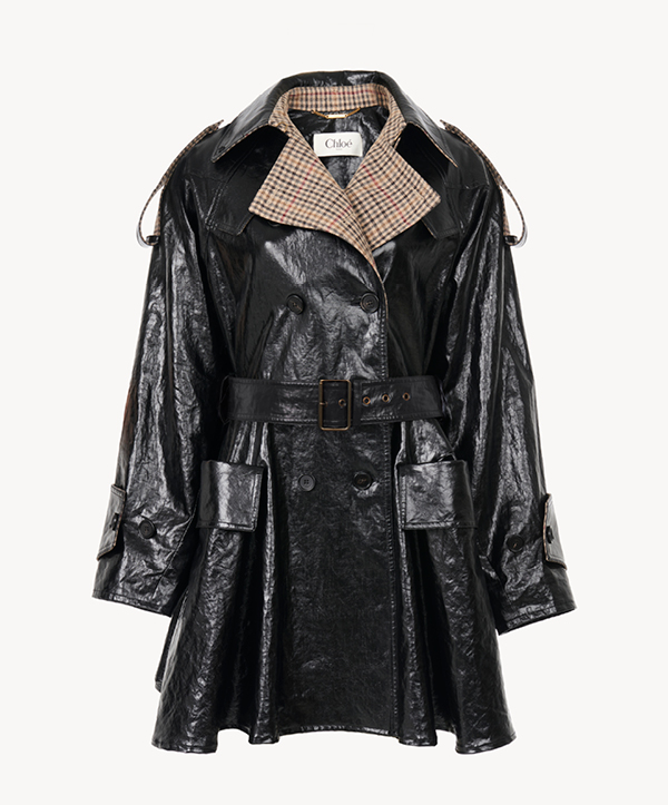 Double-breasted short riding coat in coated linen