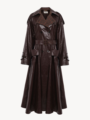 Double-breasted long riding coat in coated linen